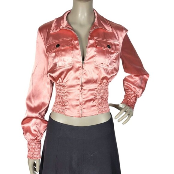 Vintage 90s Y2K XOXO Pink Velveteen Satin Cropped Smocked Blouse Jacket Med NEW - Picture 1 of 10